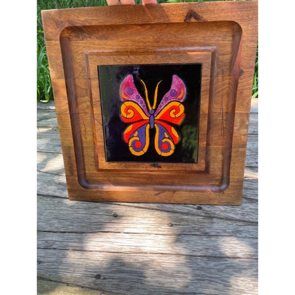 Vintage MCM Teak Wood Style Footed Tray Trivet Tile Butterfly - Picture 8 of 14